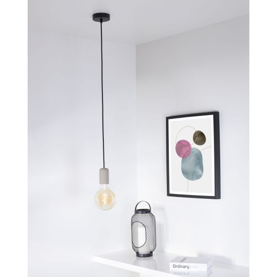 Suspension E27 Béton Gris + Câble 2 Mètres Textile Noir + Pavillon Acier Noir