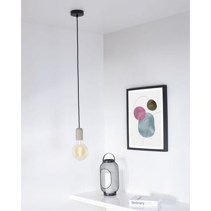 Suspension E27 Béton Gris + Câble 2 Mètres Textile Noir + Pavillon Acier Noir