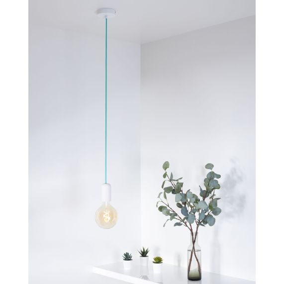 SUSPENSION E27 BÉTON BLANC + CÂBLE 2 MÈTRES TEXTILE JADE + PAVILLON