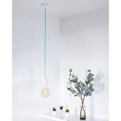 SUSPENSION E27 BÉTON BLANC + CÂBLE 2 MÈTRES TEXTILE JADE + PAVILLON