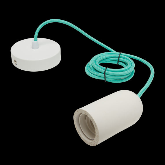 SUSPENSION E27 BÉTON BLANC + CÂBLE 2 MÈTRES TEXTILE JADE + PAVILLON