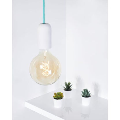 SUSPENSION E27 BÉTON BLANC + CÂBLE 2 MÈTRES TEXTILE JADE + PAVILLON